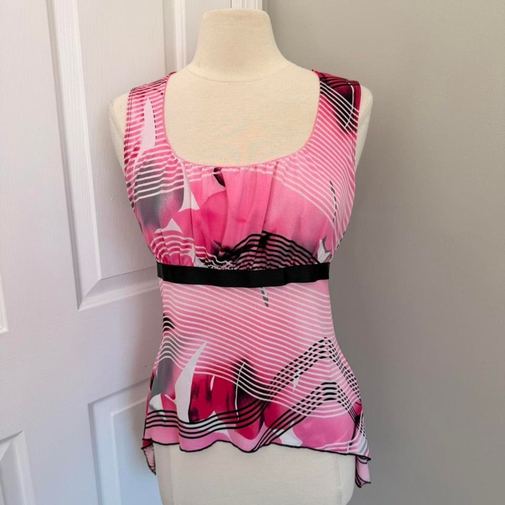 Y2K PINK AND BLACK FASHION BUG STRETCH ABSTRACT PRINT‎ ASYMMETRICAL TANK TOP